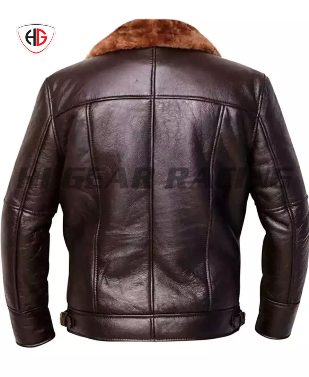 Hi Gear Racing Men’s Black Aviator Bomber Fur Shearling Sheepskin Leather Jacket - Image 2