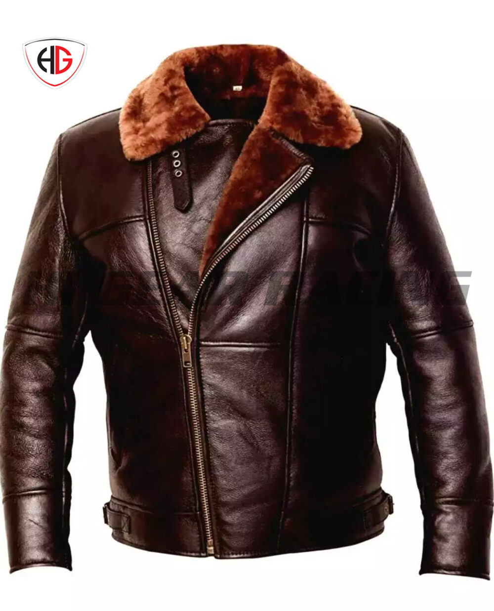 Hi Gear Racing Men’s Black Aviator Bomber Fur Shearling Sheepskin Leather Jacket