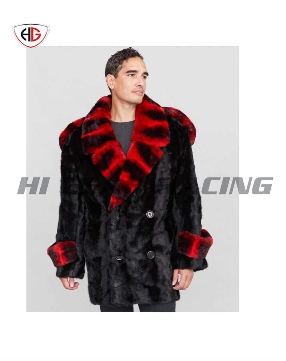 Fur Pea Coat with Chinchilla Print Rex Rabbit Fur in Red