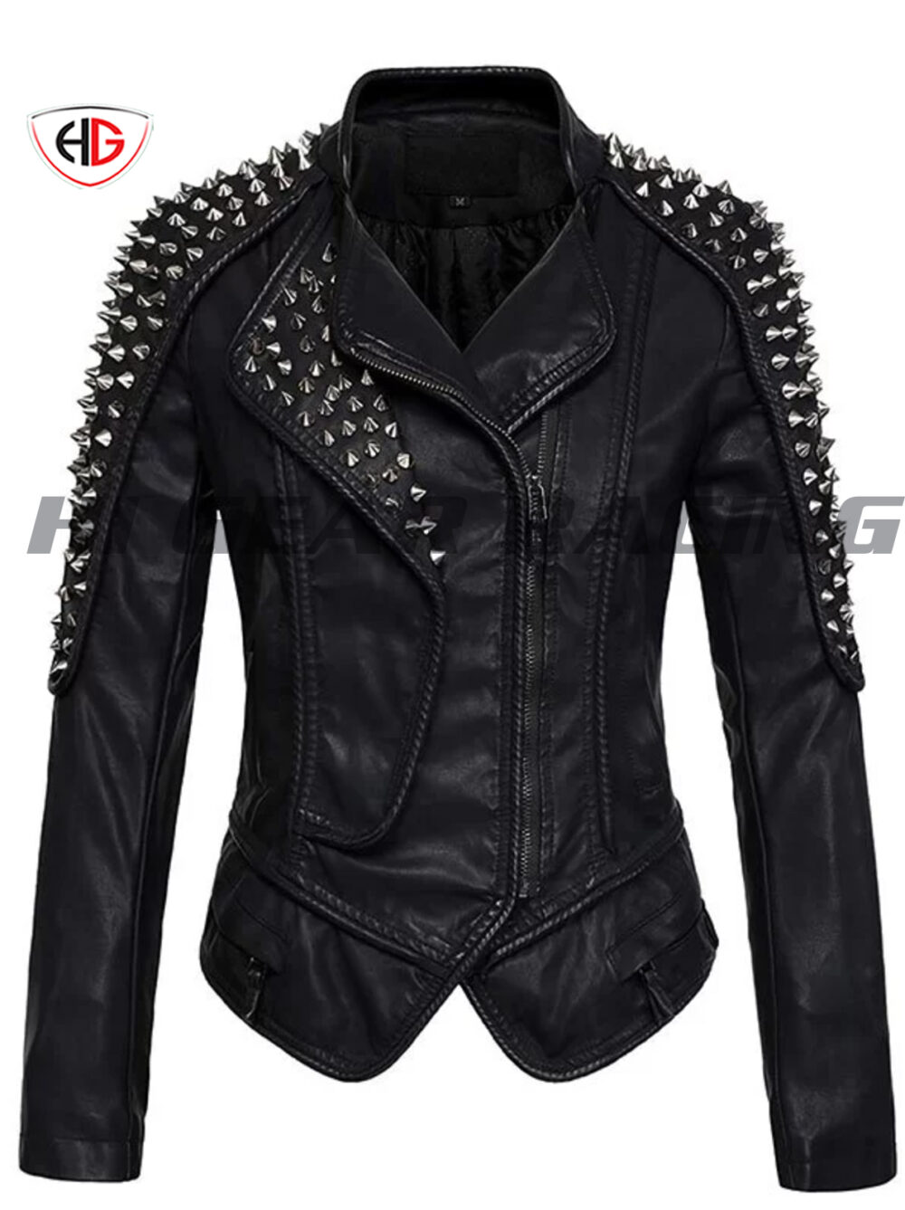 Womens Punk Spike Studded Shoulder Leatherette Coat Motorcycle Jacket