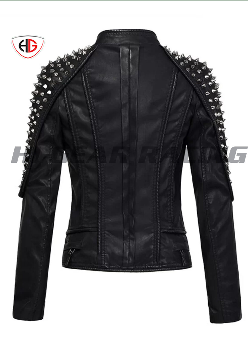 Womens Punk Spike Studded Shoulder Leatherette Coat Motorcycle Jacket - Image 2