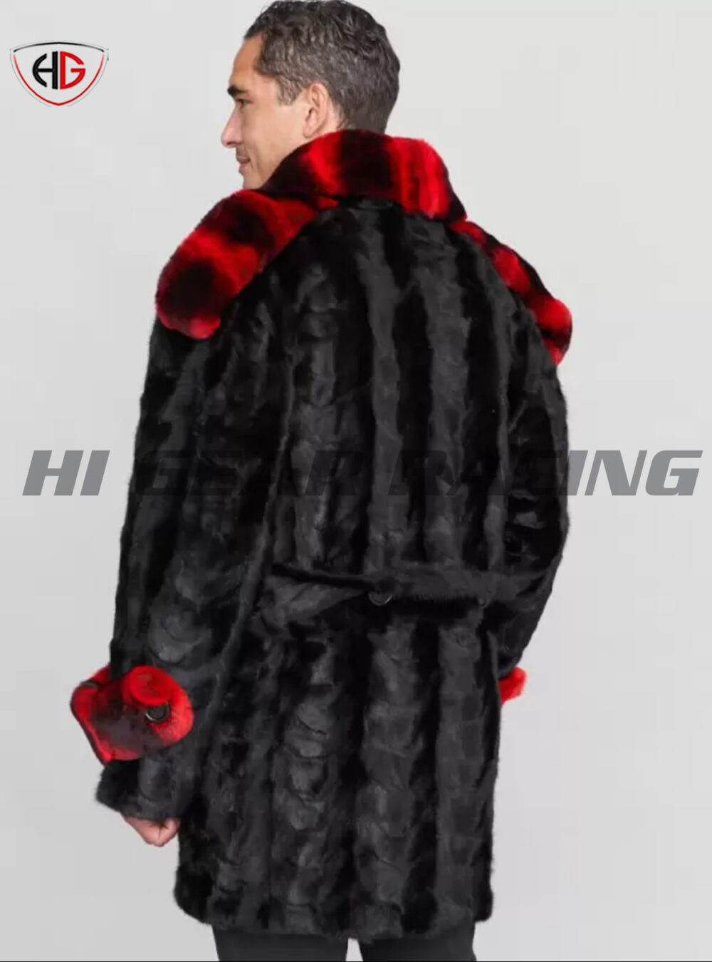 Fur Pea Coat with Chinchilla Print Rex Rabbit Fur in Red - Image 2