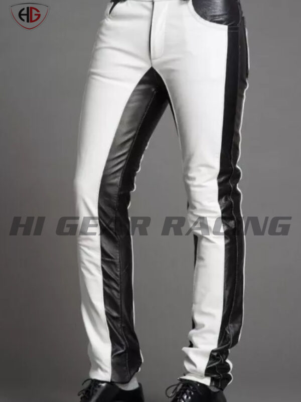 Men's Real Leather Bikers 5 Pockets Jeans Pants White & Black Leather Pants - Image 2