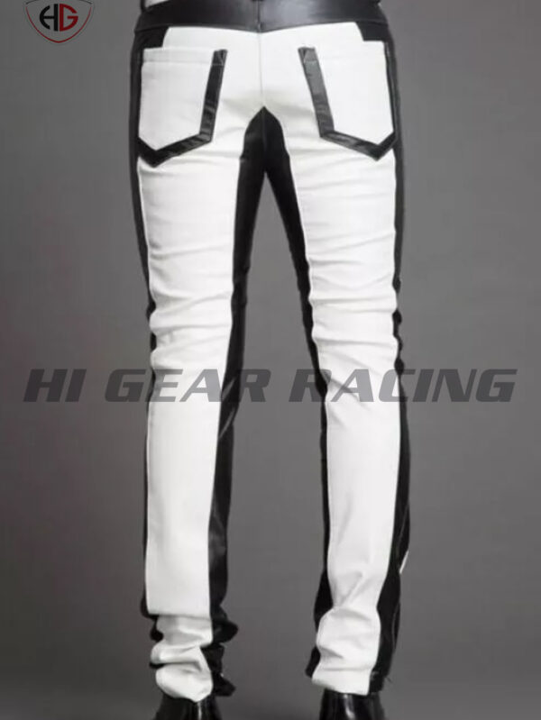 Men's Real Leather Bikers 5 Pockets Jeans Pants White & Black Leather Pants - Image 3